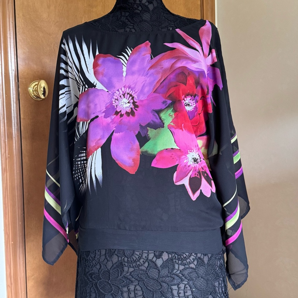 Vintage Black Sheer Long Sleeve Blouse with Vibrant Floral Design Small - Picture 9 of 14